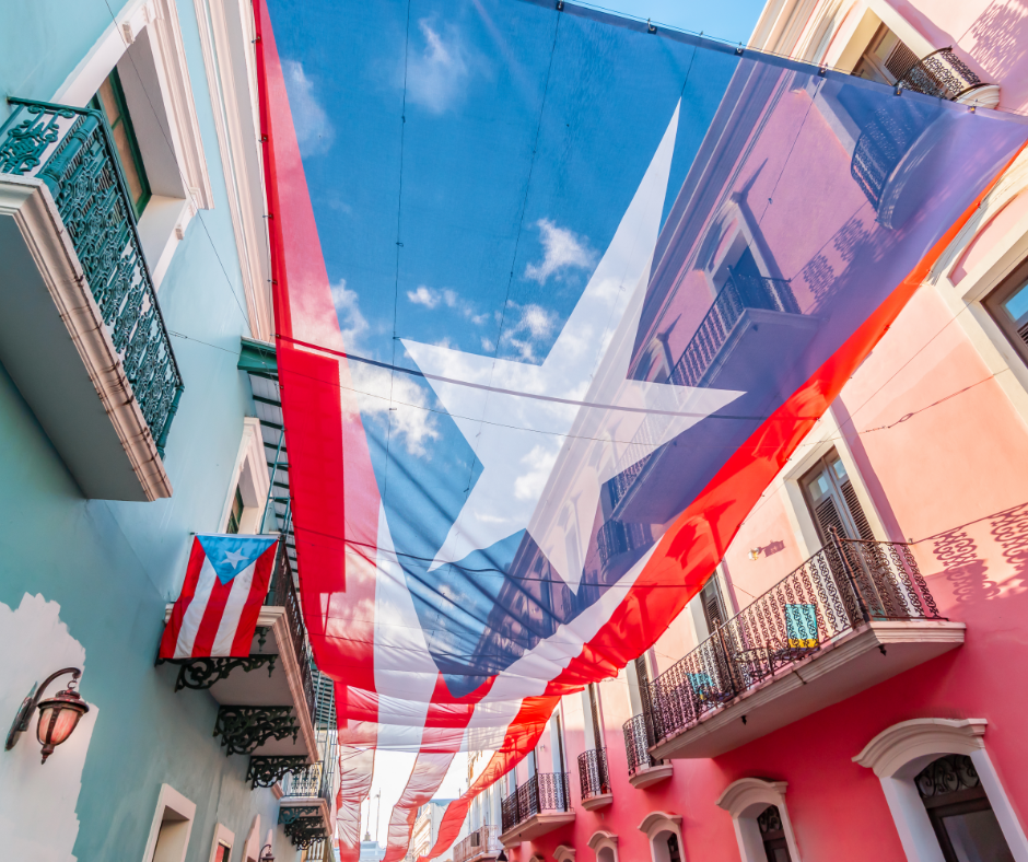Puerto Rico flag hanging in colorful alleyway