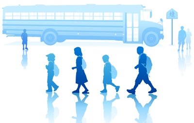 cartoon image of students walking with backpacks in front of a school bus