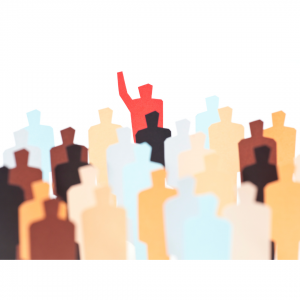 cartoon outlines of a group of people with the outline of a person in the back that has their hand raised