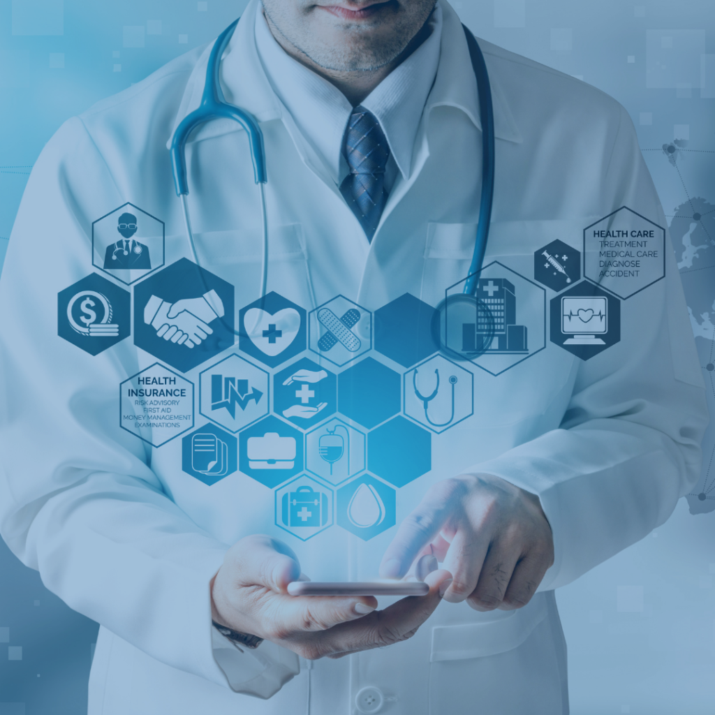 male doctor looking down at phone and medical-related cartoon icons coming from the phone
