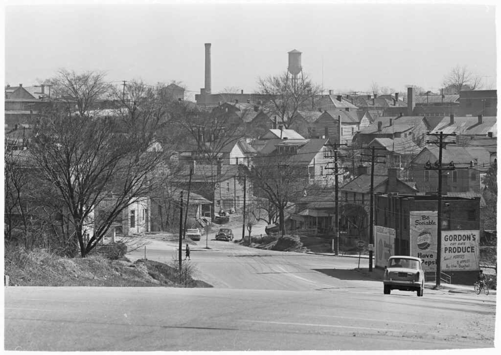 Black and white image of historic Downtown Durham