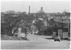Black and white image of historic Downtown Durham