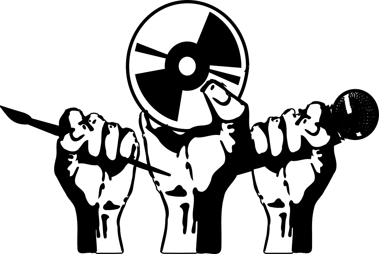 cartoon black and white image of hands holding a microphone, CD, and paintbrush