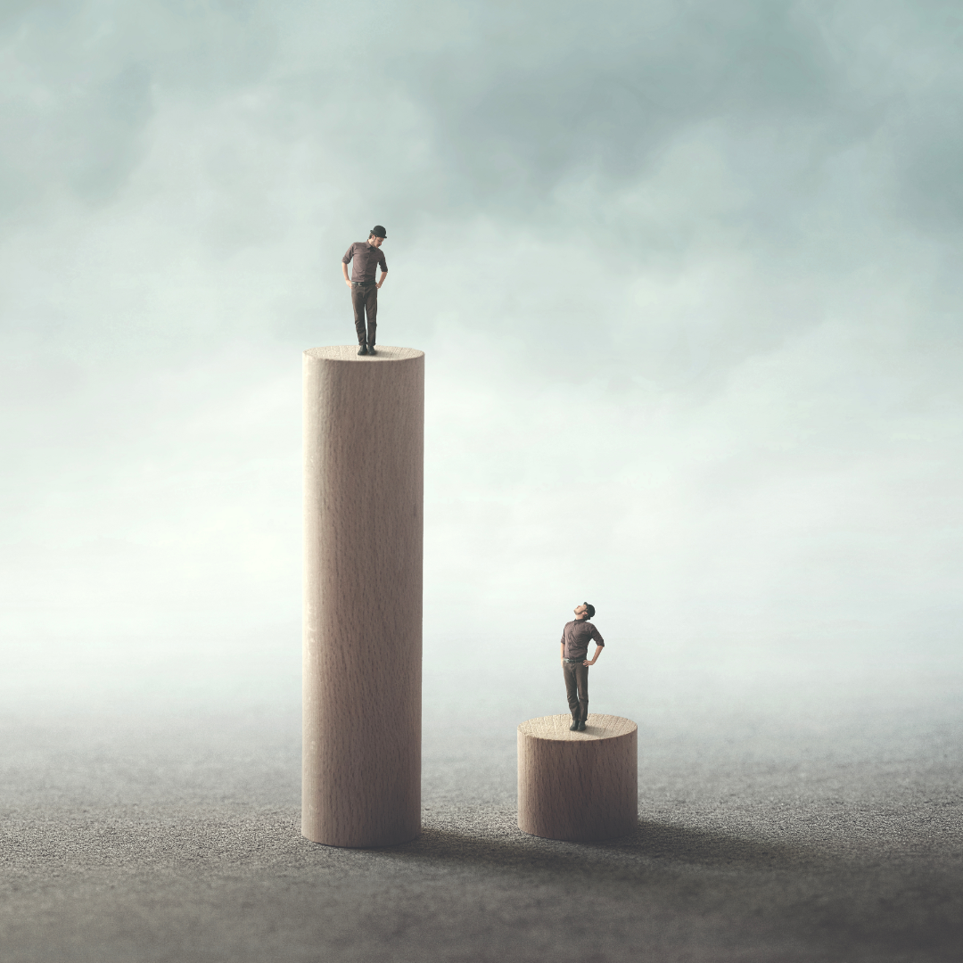 cartoon depiction of person standing on top of a tall podium with a much smaller podium and person right beside it