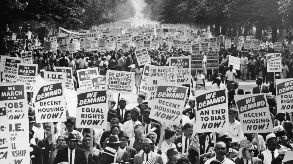 Demonstrators march down Constitution Avenue during the March on Washington on Aug. 28, 1963.