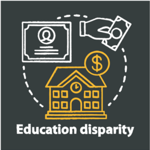 chalk against blackboard reading "education disparity" with a picture of a school house, diploma and money