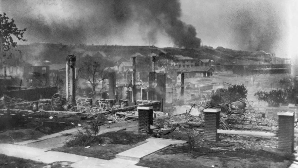 Aftermath of the Greenwood community following the 1921 Tulsa race massacre. PHOTO: BETTMANN ARCHIVE/GETTY IMAGES