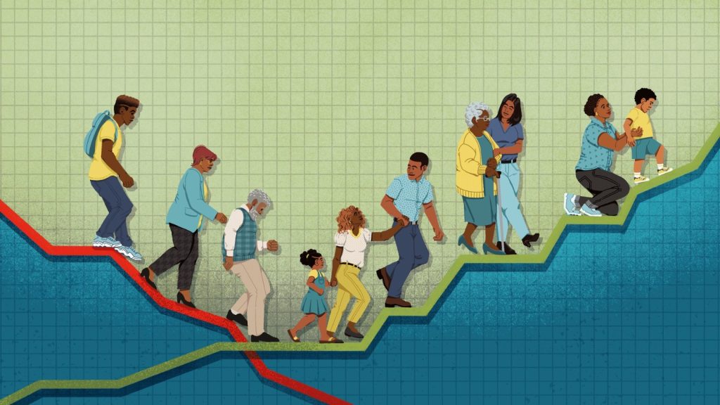 A backdrop of a graph with lines representing worsening and improving health outcomes. Black people move toward the positive trend leading to a better quality of life.