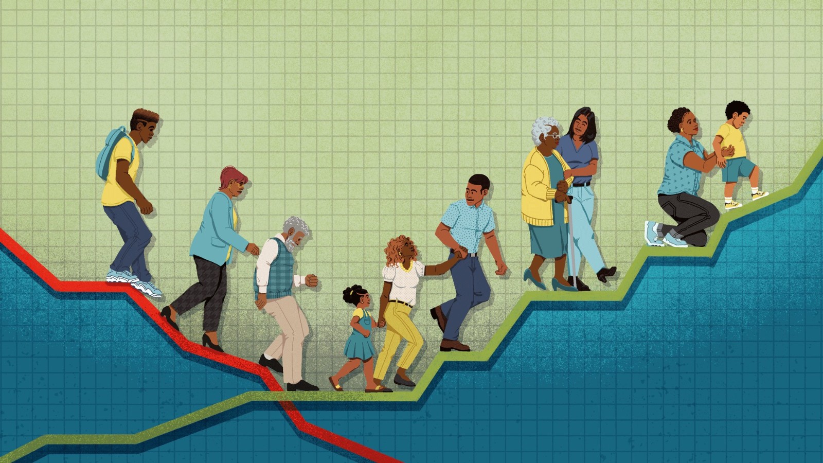 A backdrop of a graph with lines representing worsening and improving health outcomes. Black people move toward the positive trend leading to a better quality of life.