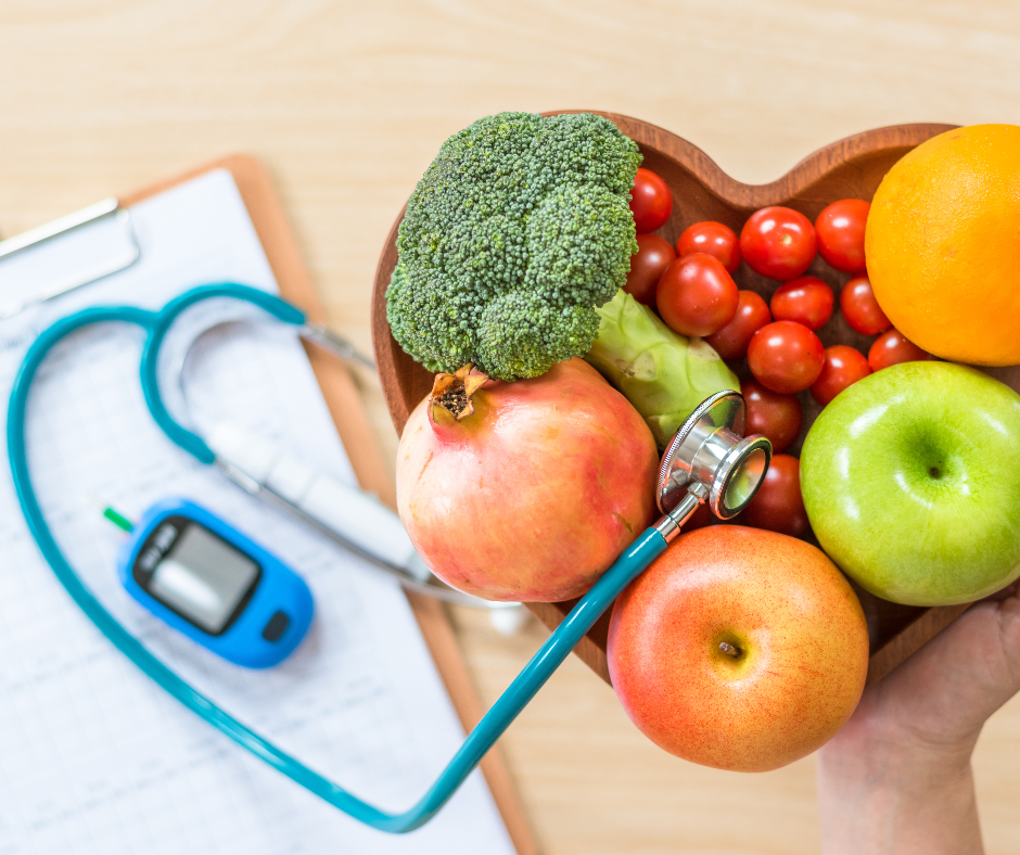 heart-shaped bowl of fruits and vegetables, diabetes instrument